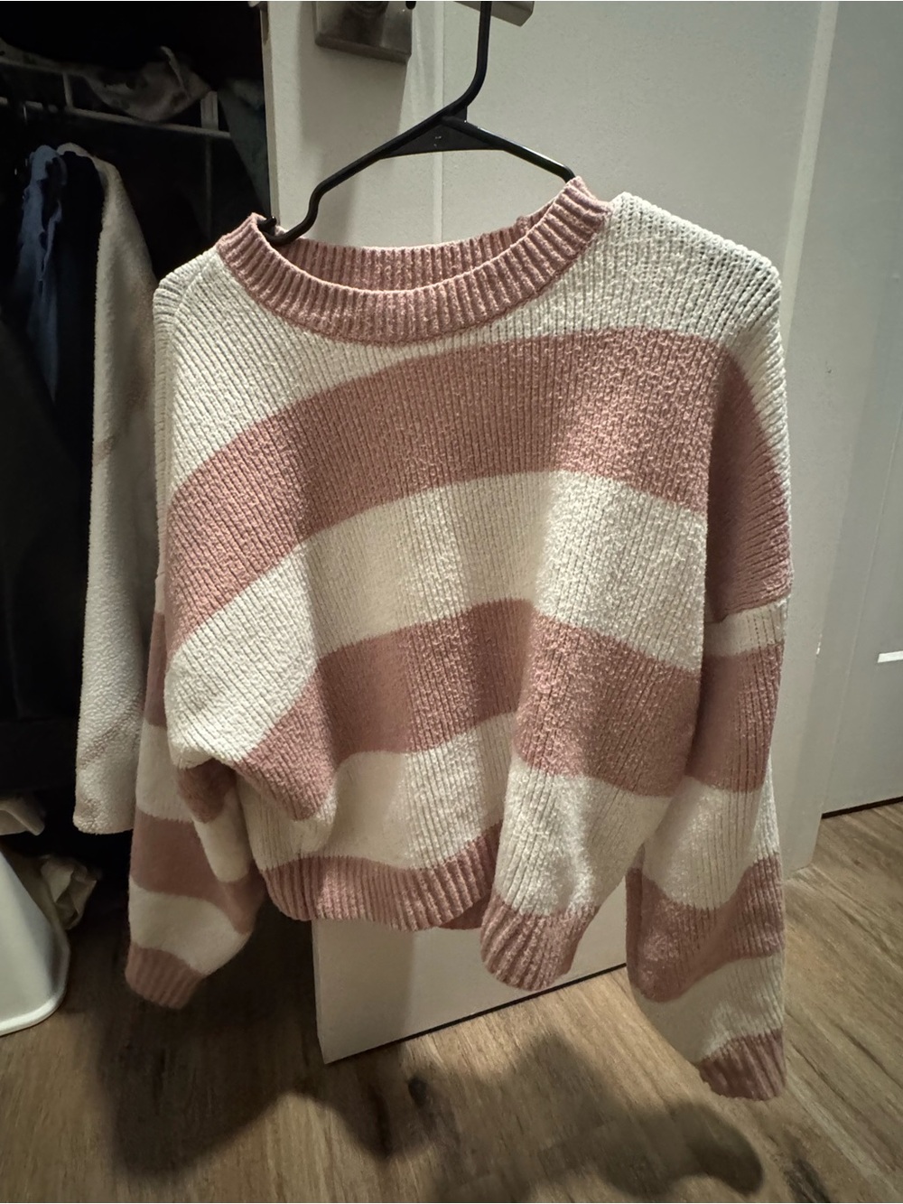 Hollister Pink and Cream Striped Crewneck Sweater